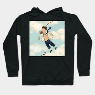Flying, more like falling guy, with a dog Hoodie